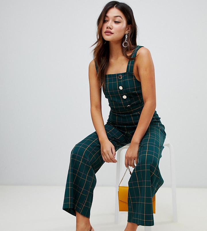 Miss Selfridge Jumpsuit With Button Detail In Green Check-multi