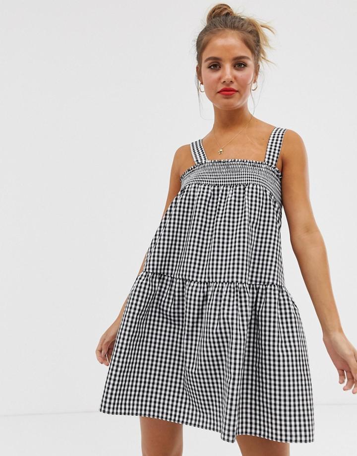 Asos Design Shirred Trapeze Mini Sundress In Gingham-multi
