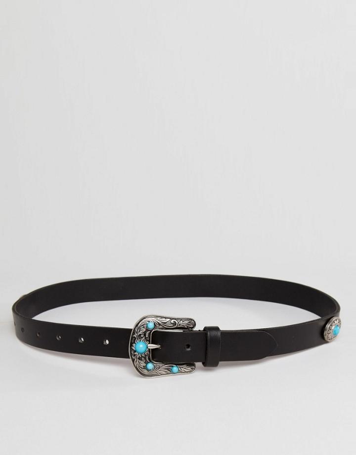 Asos Leather Turq Stone Western Jeans Belt - Black
