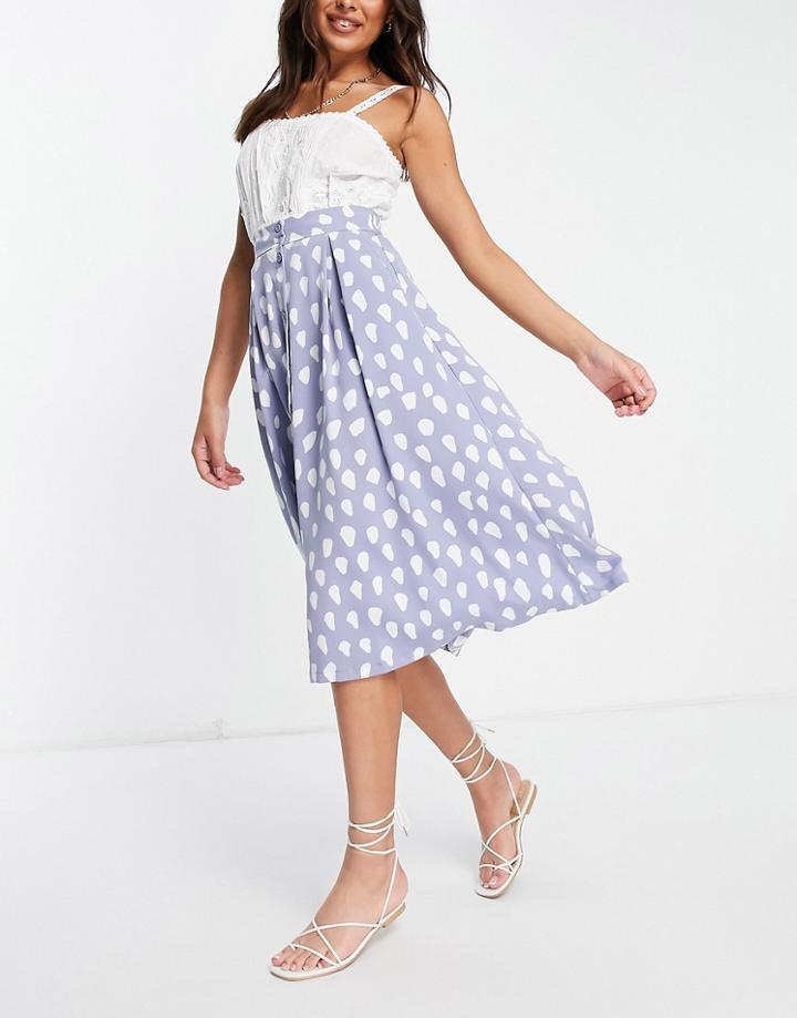 Monki Sigrid Recycled Button Through Spot Print Midi Skirt In Blue-blues
