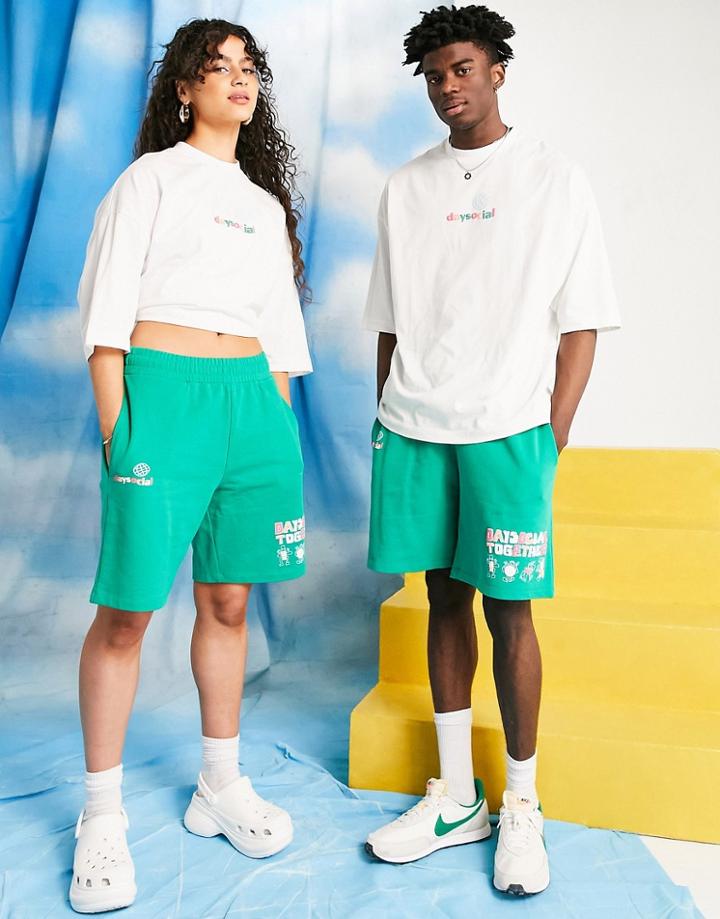 Asos Daysocial Unisex Relaxed Short With Graphic And Logo Prints In Green - Part Of A Set