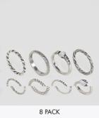 Asos Pack Of 8 Woven Band And Stone Rings - Silver