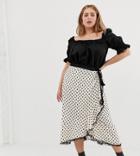 Glamorous Curve Wrap Front Midi Skirt With Lace Trim In Floral Polka Dot