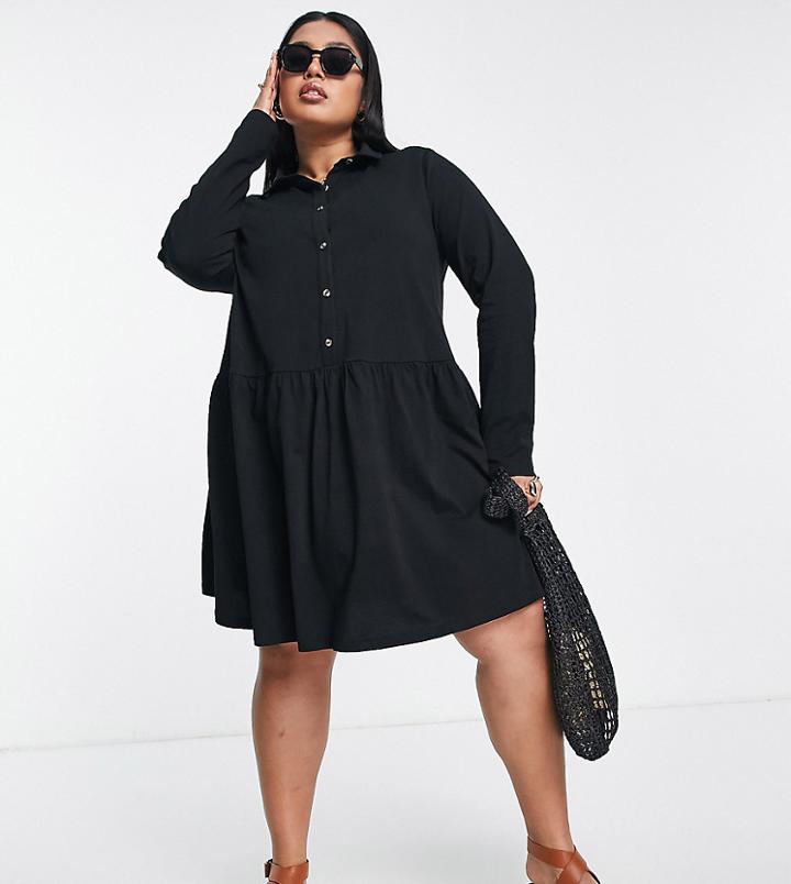 Asos Design Curve Mini Jersey Shirt Dress With Drop Waist In Black
