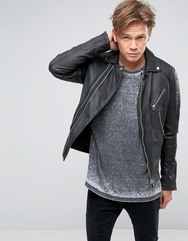 Goosecraft Leather Biker Jacket Asymmetric Double Zip In Black - Black