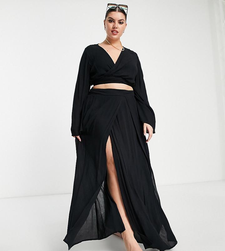 Asos Design Curve Double Split Beach Sarong Skirt - Part Of A Set-black