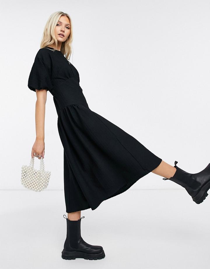 Asos Design Oversized Textured Midi Smock Dress With Curve Waist Seam Detail In Black