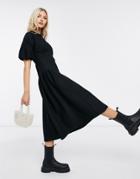 Asos Design Oversized Textured Midi Smock Dress With Curve Waist Seam Detail In Black