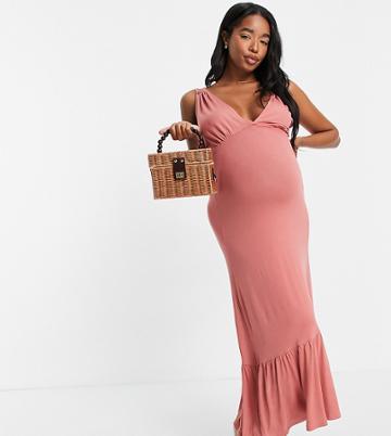 Pieces Maternity Tie Back Maxi Dress In Pink