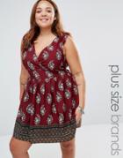 Yumi Plus Skater Dress With Tie Back In Border Print - Red