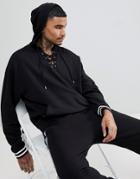 Asos Oversized Hoodie With Lace Up Neck And Tipped Ribs - Black