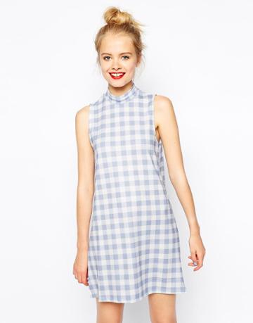 Asos Shift Dress In Textured Gingham Print With Funnel Neck