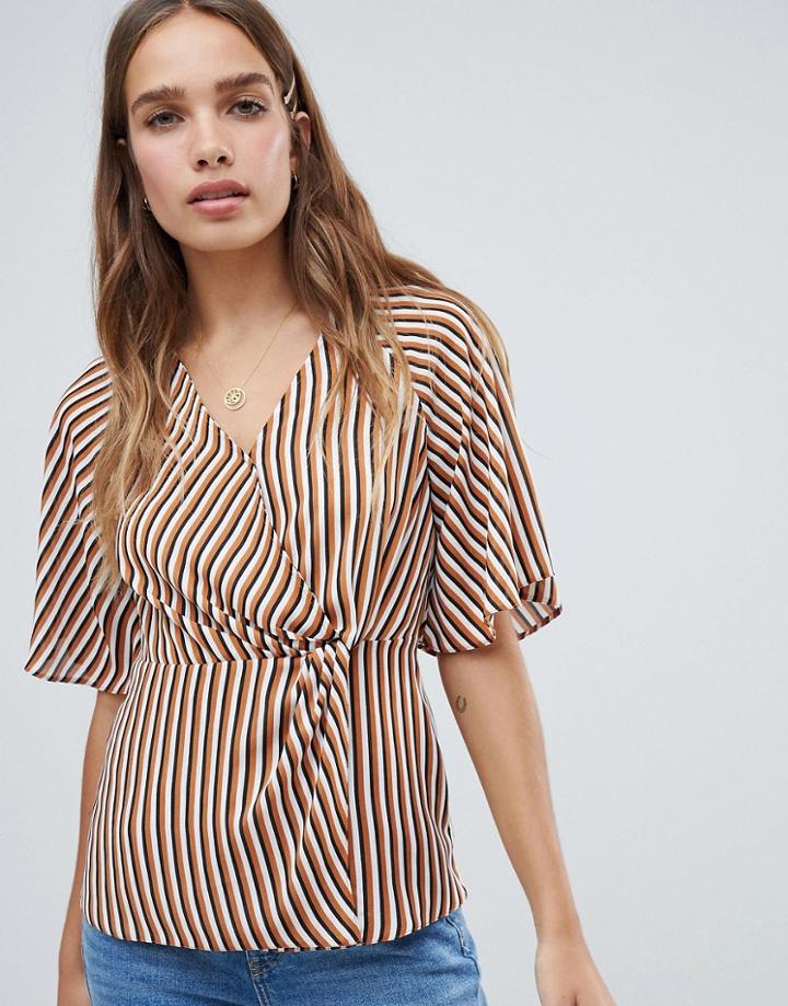 New Look Stripe Twist Front Wrap Top - White