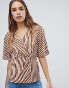New Look Stripe Twist Front Wrap Top - White