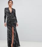 City Goddess Tall Plunge Maxi Dress In Sheer Metallic With Thigh Split - Black