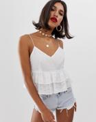 Asos Design Crop Ruffle Cami In Broderie Sun Top-white