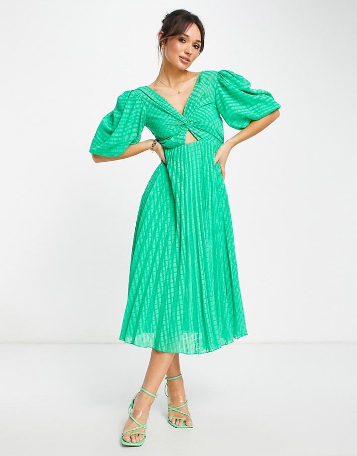 Asos Design Twist Front Pleated Midi Skater Dress In Textured Emerald Green