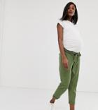Asos Design Maternity Washed Soft Twill Tie Waist Casual Pants With Under The Bump Waistband-green
