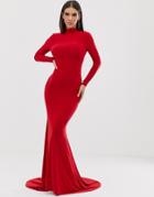 Club L High Neck Long Sleeve Fishtail Maxi Dress With Open Back Thong Detail In Red - Red