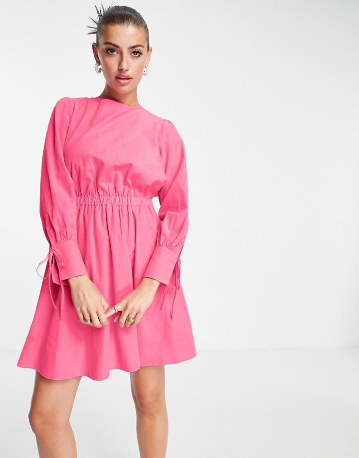 Aligne Cotton Mini Dress With Open Tie Back And Sleeve Detail In Pink