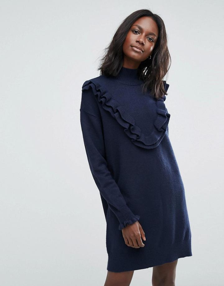 Vero Moda Sweater Dress With Ruffle Detail - Navy