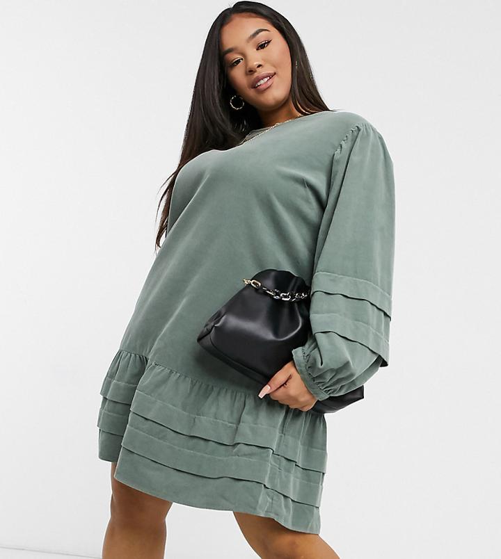 Asos Design Curve Mini Pleat Detailed Smock Dress In Green