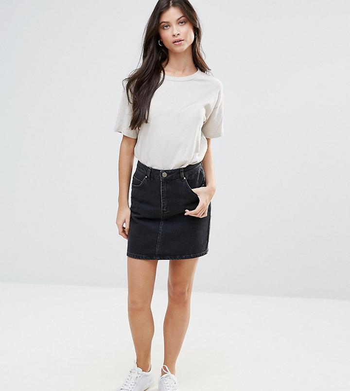 Asos Design Petite Denim Original High Waisted Skirt In Washed Black - Black