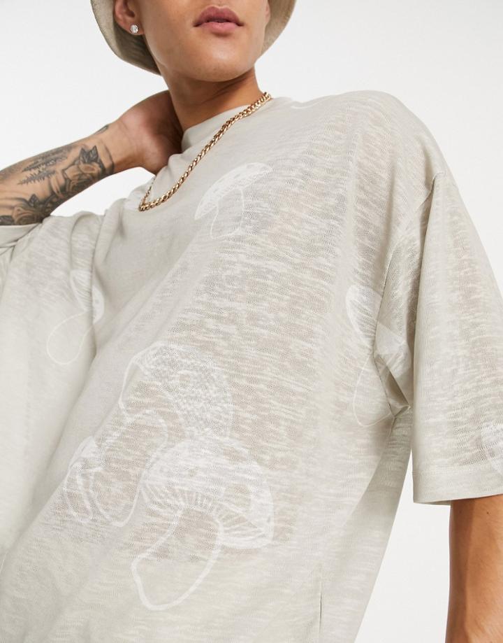 Asos Design Oversized T-shirt In Beige With All Over Mushroom Print-neutral