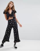 Nobody's Child Wide Leg Crop Pants With Ruffle Trim In Vintage Floral - Black