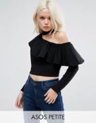 Asos Petite Off Shoulder Top With Choker And Ruffle - Black