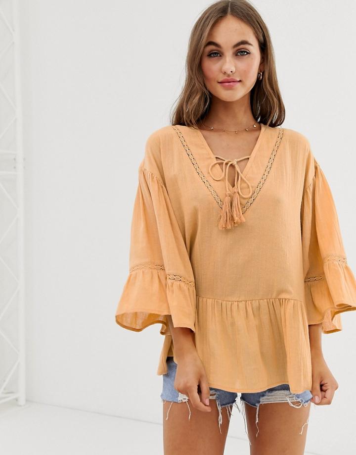 Asos Design V Neck Smock Top With Fluted Sleeve In Cheesecloth-black