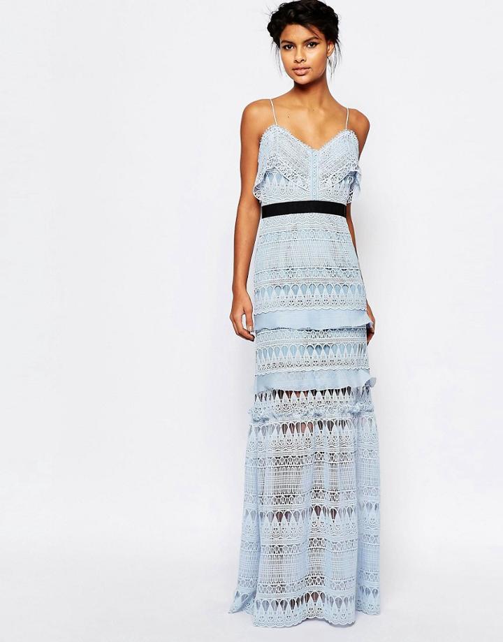 Self Portrait Full Teardrop Guipure Maxi Dress - Sky Blue