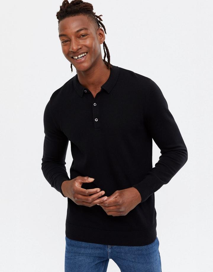 New Look Knitted Slim Polo In Black