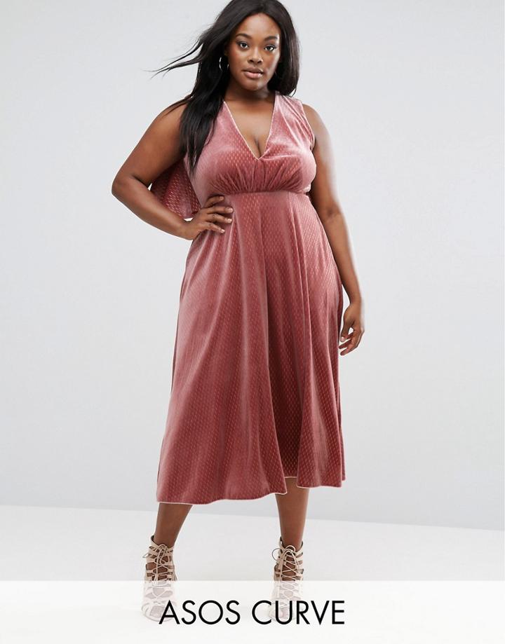 Asos Curve Velvet Metallic Drape Open Back Midi Dress - Red