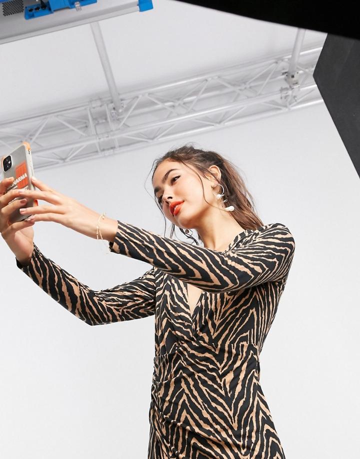 Liquorish Long Sleeve Wrap Dress In Zebra Print-multi