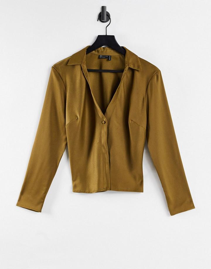 Asos Design Slim Fit Satin Shirt In Olive-green