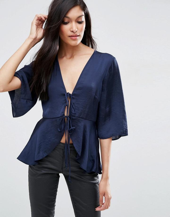 Asos Satin Drape Tie Front Blouse - Blue