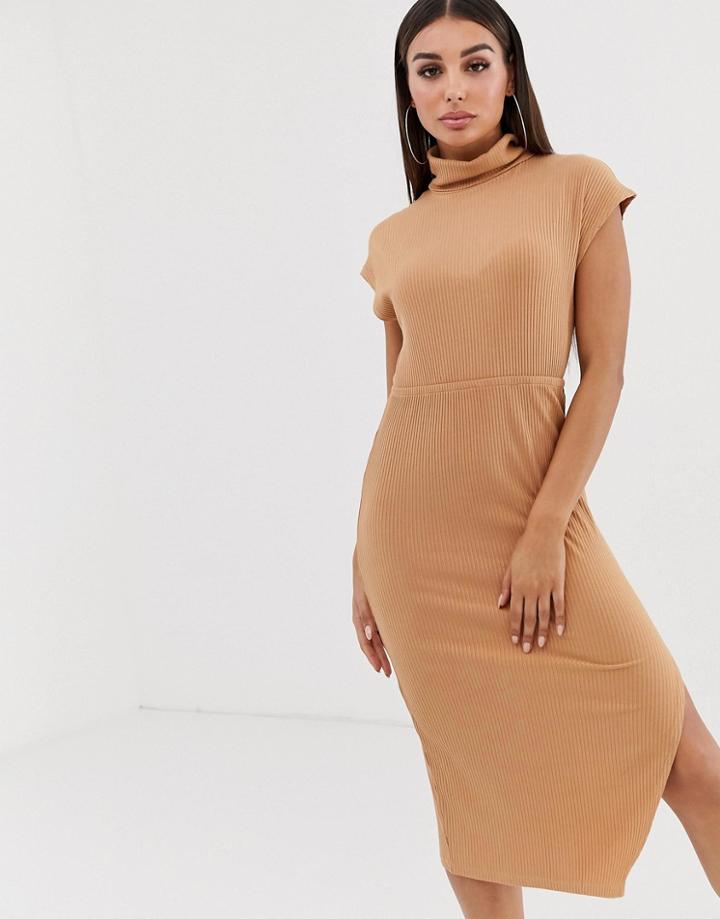 Asos Design Midi Rib Dress With High Neck-beige