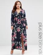Club L Plus Maxi Dress With Wrap Front In Mirror Floral Print - Navy Floral