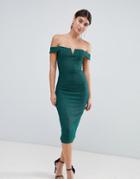 Ax Paris All Over Lace Bardot Midi Dress With Pephem - Green