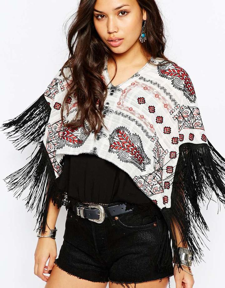 Asos Geo-tribal Fringe Mini Poncho - Multi