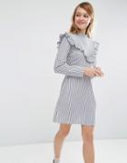Asos Ruffle Front Dress In Cotton Stripe - Multi