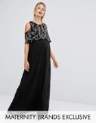 Maya Maternity Embellished Overlay Maxi Dress With Frill Sleeve - Black