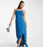 Lola May Tall Cowl Front Asymmetric Hem Midi Dress In Teal-blue