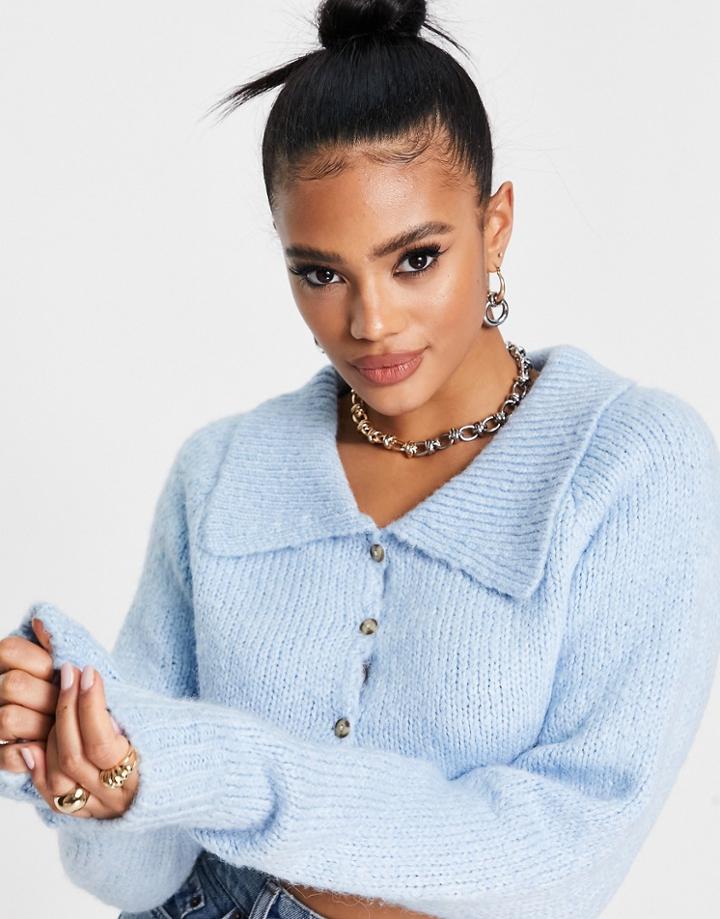 Topshop Knitted Collar Crop Cardi In Baby Blue