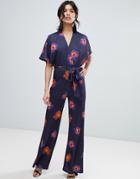 True Violet Floral Flutter Sleeve Jumpsuit-multi