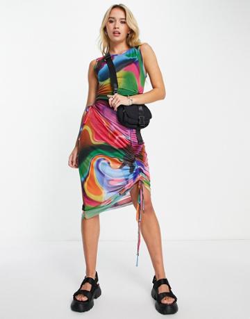 Topshop Ruched Marble Spray Paint Midi Dress In Multi