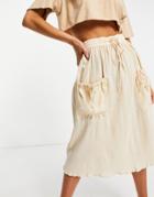 Asos Design Midi Skirt With Drawstring Waist In Natural Crinkle In Cream-white