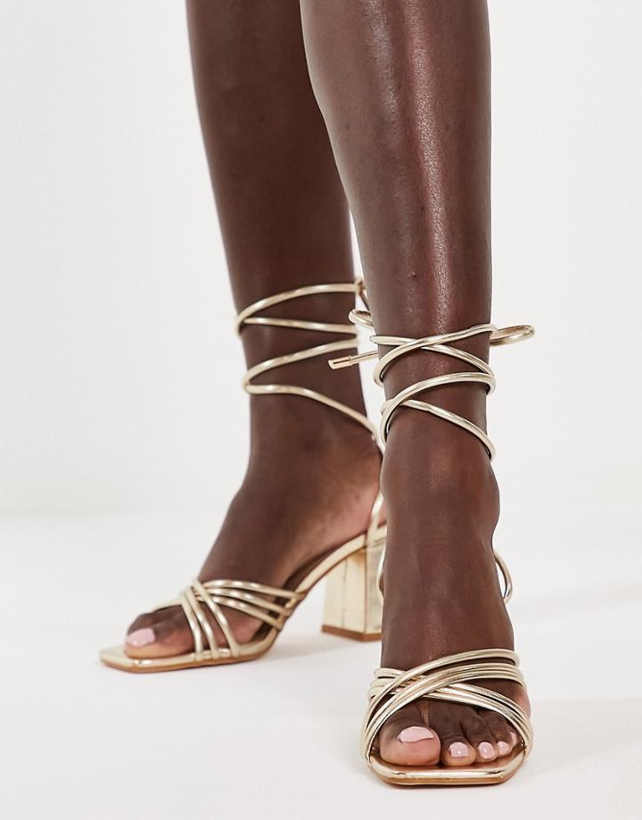 Truffle Collection Strappy Mid Heeled Square Toe Sandals In Gold
