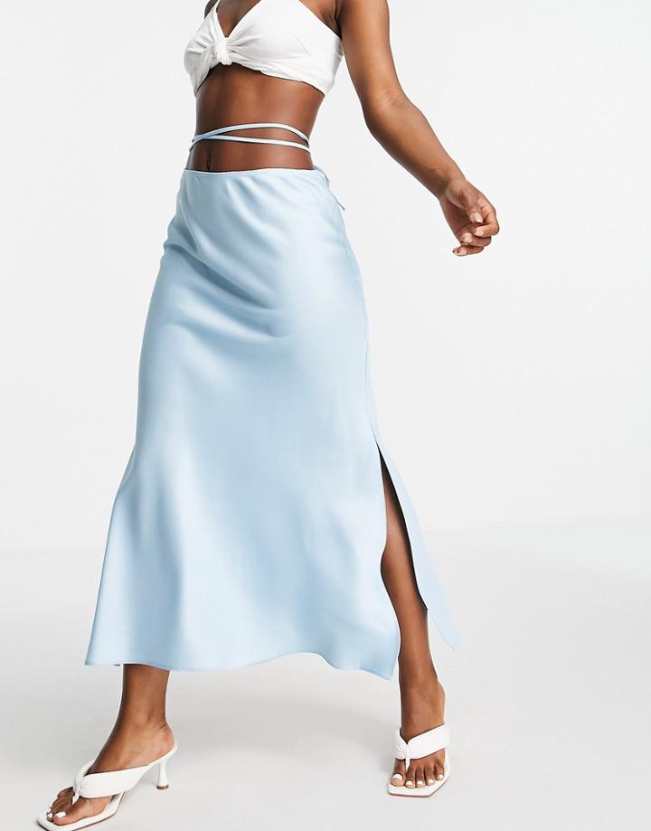 River Island Satin Bias Tie Waist Midi Skirt In Blue-blues